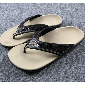 Spenco Yumi Snake print Black/gold leather Comfort ortho Slide Flip Flops Sz 8